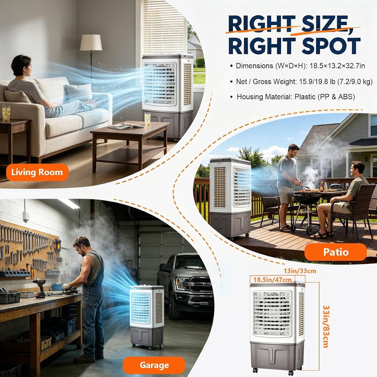 GENERIC Ventilateur Refroidisseur D'air Portable Avec Réservoir De 30 L Et Blocs De Glace, Coussin à 3 Côtés, Balançoire à 120°, Roues à 360°, 3 Vitesses, For Chambre, Atelier Et Terrasse