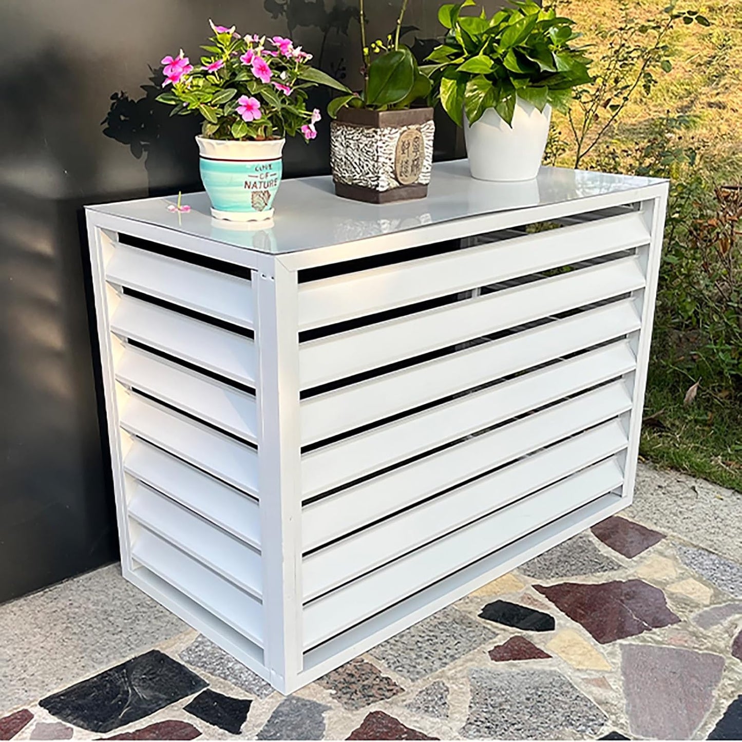 GENERIC Housse De Protection Pour Climatiseur Extérieur – Housse De Protection En Aluminium Toutes Saisons – Panneaux De Clôture Autoportants Pour Unités De Climatisation – Support De Fleurs – Blanc
