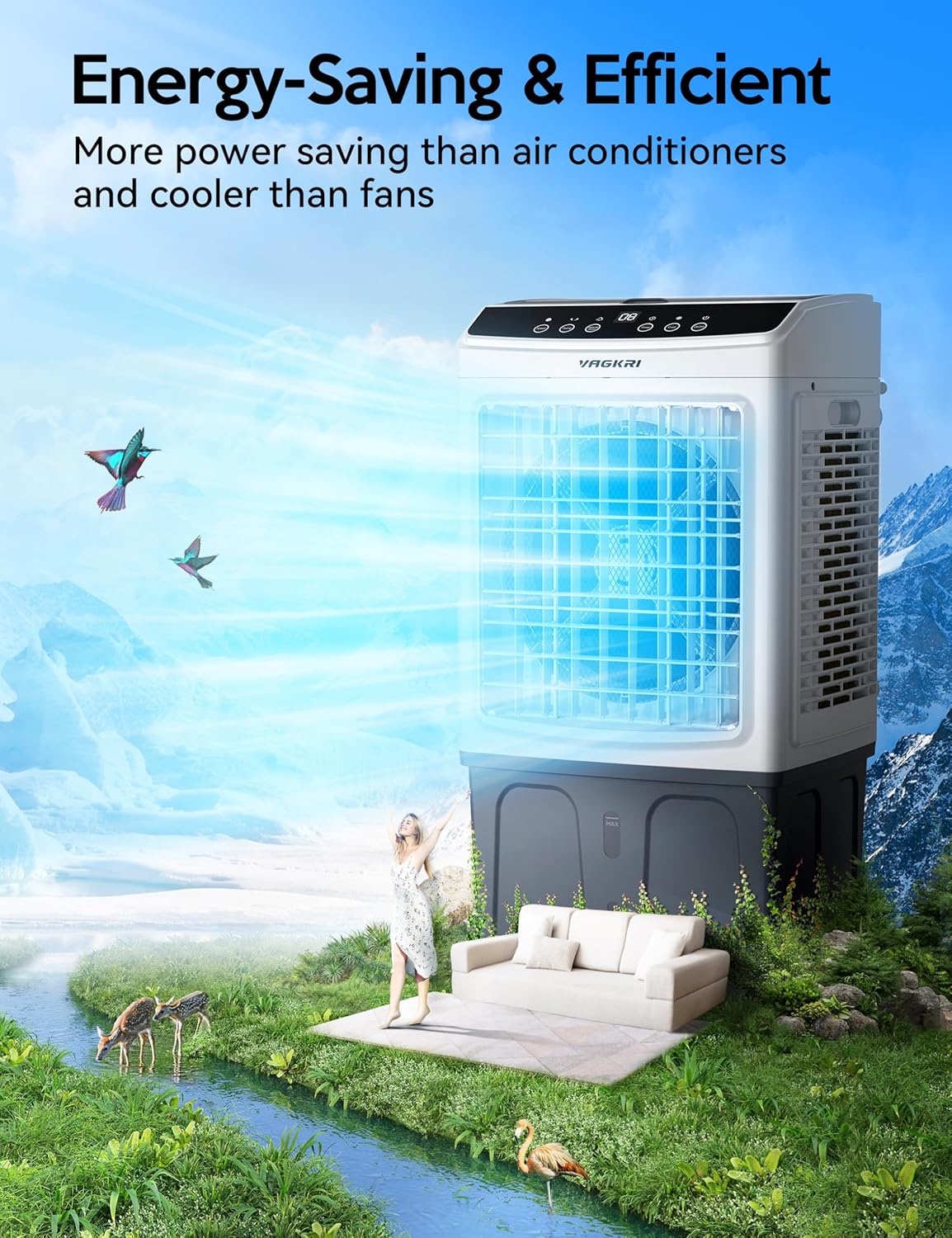 VAGKRI Refroidisseur D'air Par évaporation De 88,9 Cm, Refroidisseur De Marais De 2 800 CFM, Refroidisseur D'air D'oscillation De 120° Avec Télécommande, Minuterie 24 H, 3 Modes Et Vitesses Du Vent