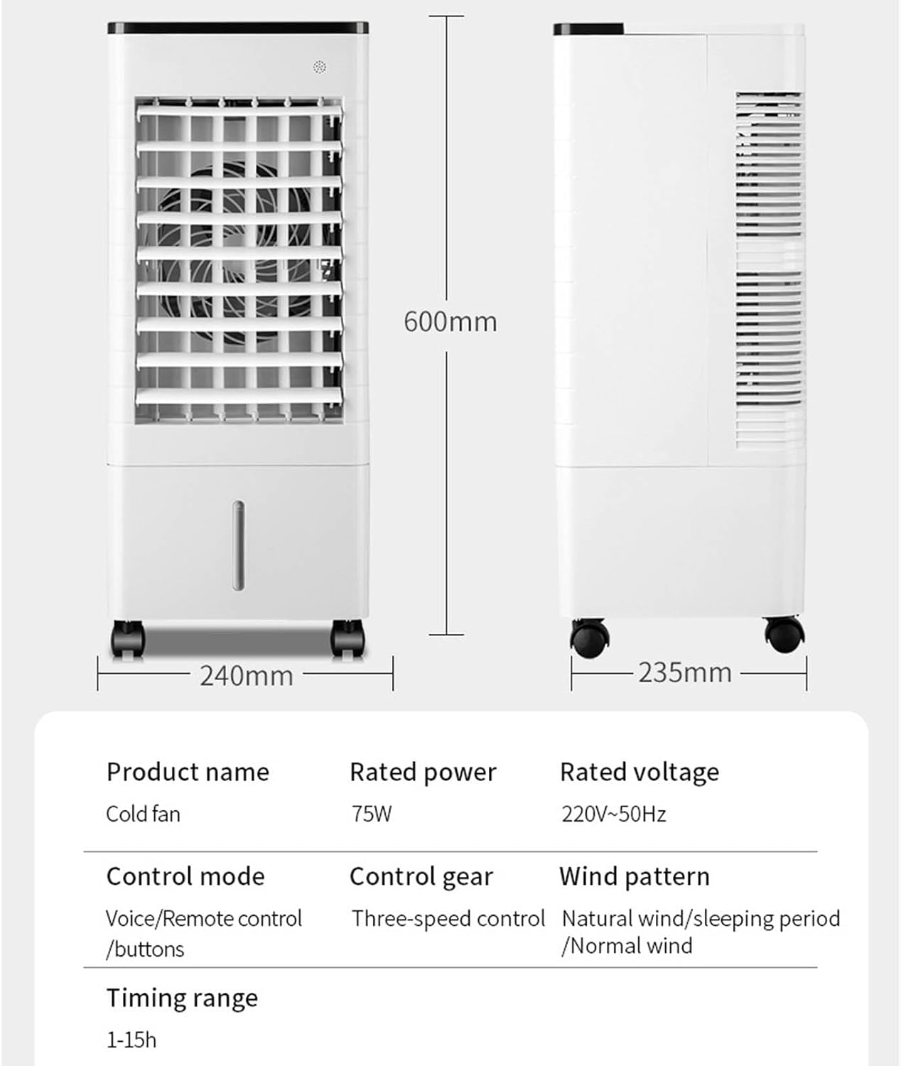 GENERIC Climatiseur Portable 3 En 1, Refroidisseur D'air Avec Minuterie De 15 H, Réservoir De 9 L, Télécommande, Ventilateur à 3 Vitesses Pour Chambre Et Bureau