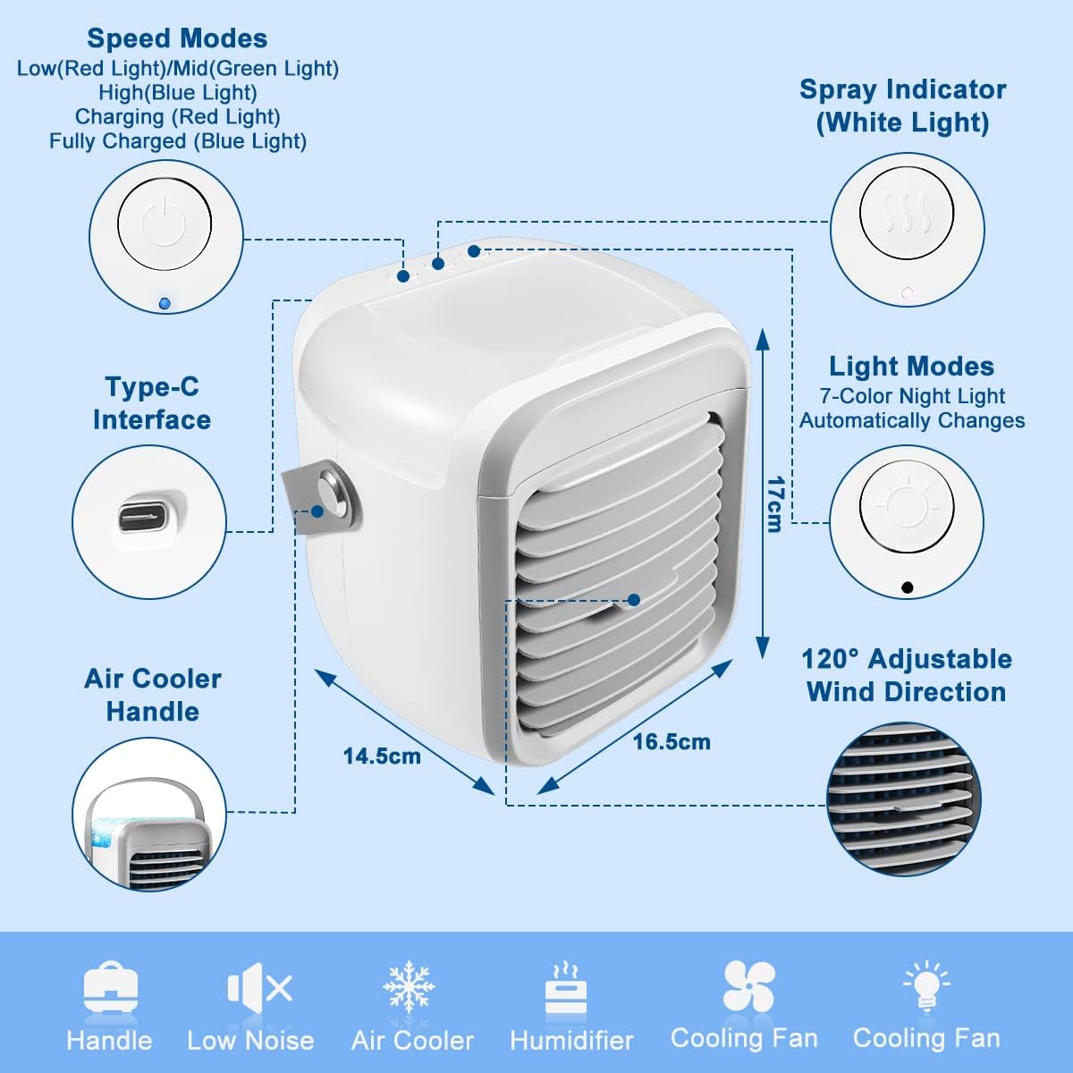  Climatiseur Portable, Refroidisseur D'air Pour La Maison, Mini Climatiseur, Refroidisseur De Ventilateur Personnel 3 En 1, 3 Vitesses De Vent Et 7 Lumières LED, Ventilateur Portable