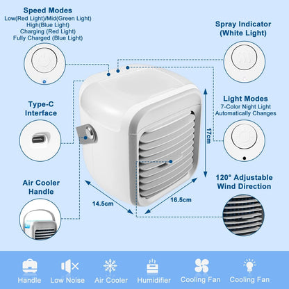  Climatiseur Portable, Refroidisseur D'air Pour La Maison, Mini Climatiseur, Refroidisseur De Ventilateur Personnel 3 En 1, 3 Vitesses De Vent Et 7 Lumières LED, Ventilateur Portable