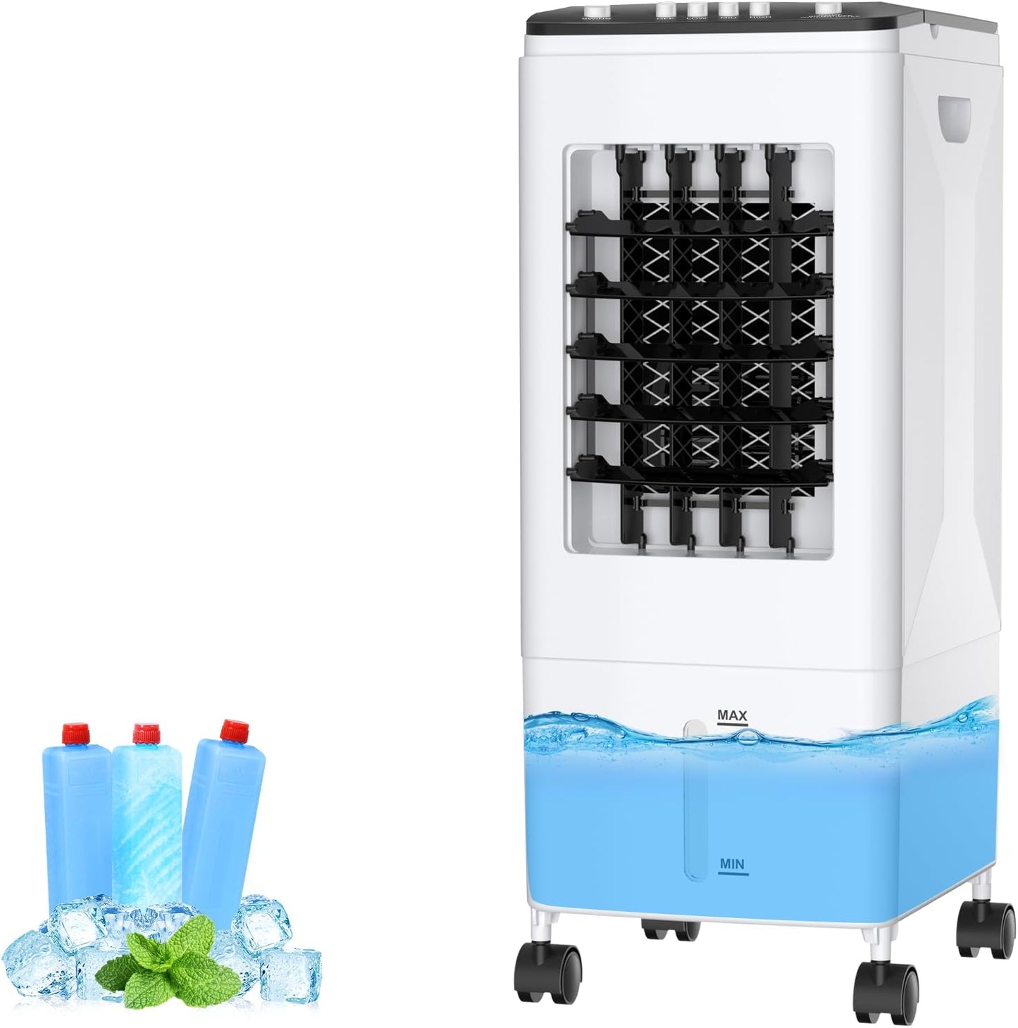  Ventilateur Rafraîchisseur D'air Portable 3 En 1 Avec Refroidissement Par évaporation, Réservoir De 6 L Et Blocs Réfrigérants Inclus. Silencieux (35 DB), Oscillation à 60°. Idéal Pour La Maison, Le