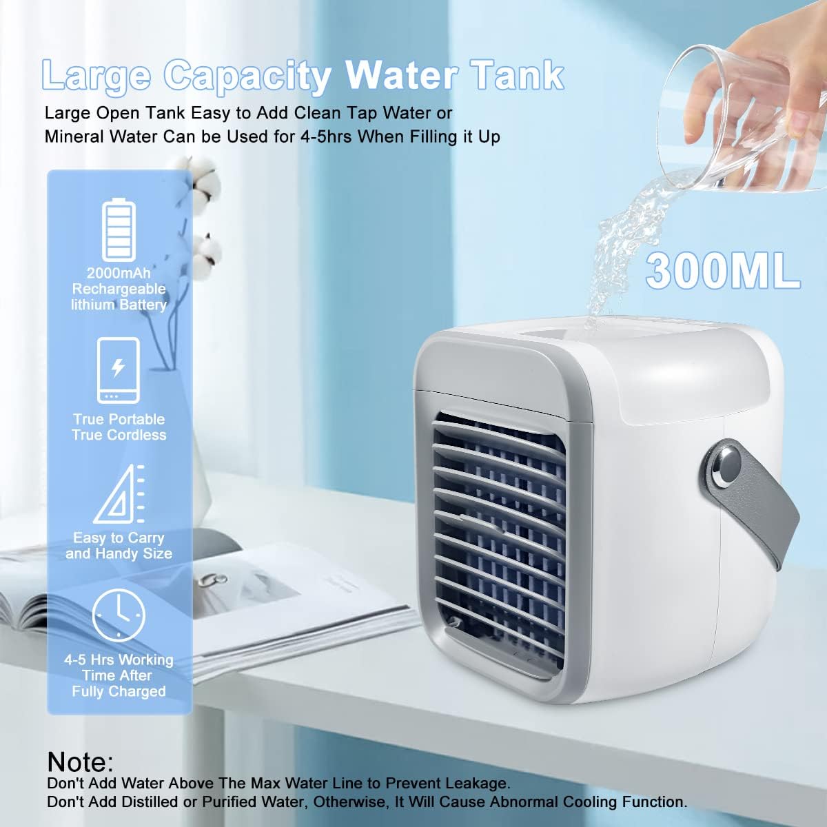  Climatiseur Portable, Refroidisseur D'air Pour La Maison, Mini Climatiseur, Refroidisseur De Ventilateur Personnel 3 En 1, 3 Vitesses De Vent Et 7 Lumières LED, Ventilateur Portable