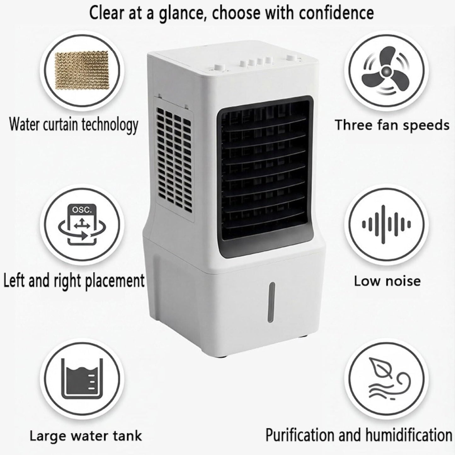 GENERIC Refroidisseur Par évaporation Avec Réservoir D'eau De 12 L, Climatiseur Silencieux, 3 Vitesses, Filtre Lavable, Débit D'air Puissant De 180 M³/h Pour La Maison Et Le Bureau