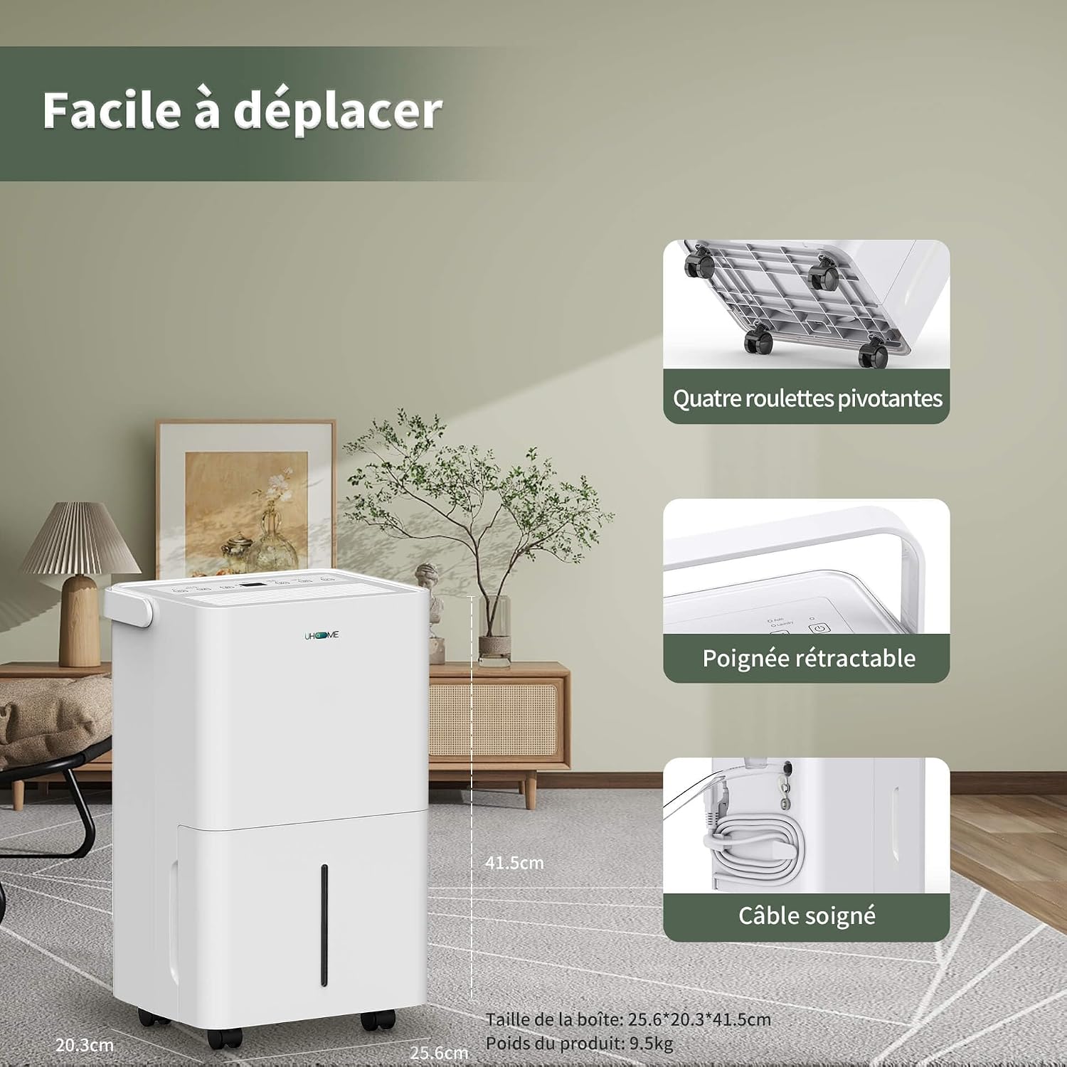  Uhome Déshumidificateur électrique, 12 L/24 H, Déshumidificateur D'ambiance 54 M³/18 M², Avec Arrêt Automatique, Capteur D'humidité, Mode Lavage Et Filtre à Charbon Actif, Tuyau D'arrosage