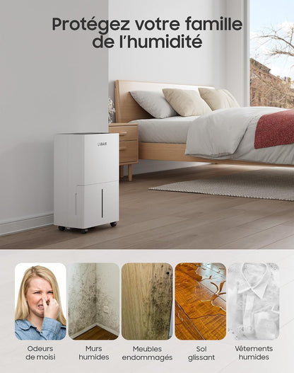  Déshumidificateur 20L/jour - Déshumidificateur électrique Puissant, économe En énergie, Portable, 3 Modes Et Contrôle Intelligent De L'humidité, Déshumidificateur électrique