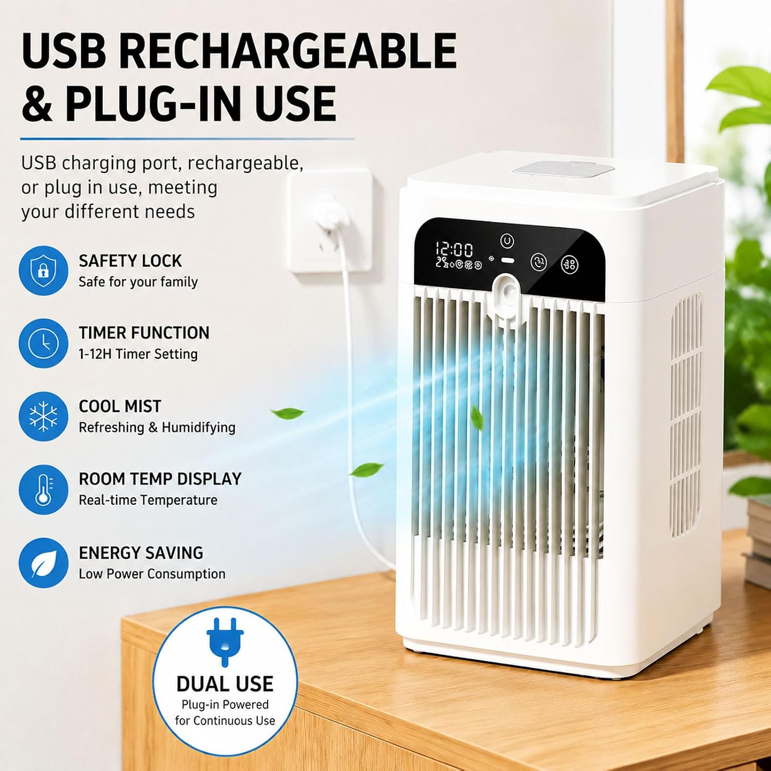  Ventilateur Humidificateur Et RafraîChisseur D'Air Portable Ventilateur Bureau à Refroidissement Par éVaporation Rechargeable Par Usb/Sur Secteur Convient à La Maison Au Bureau