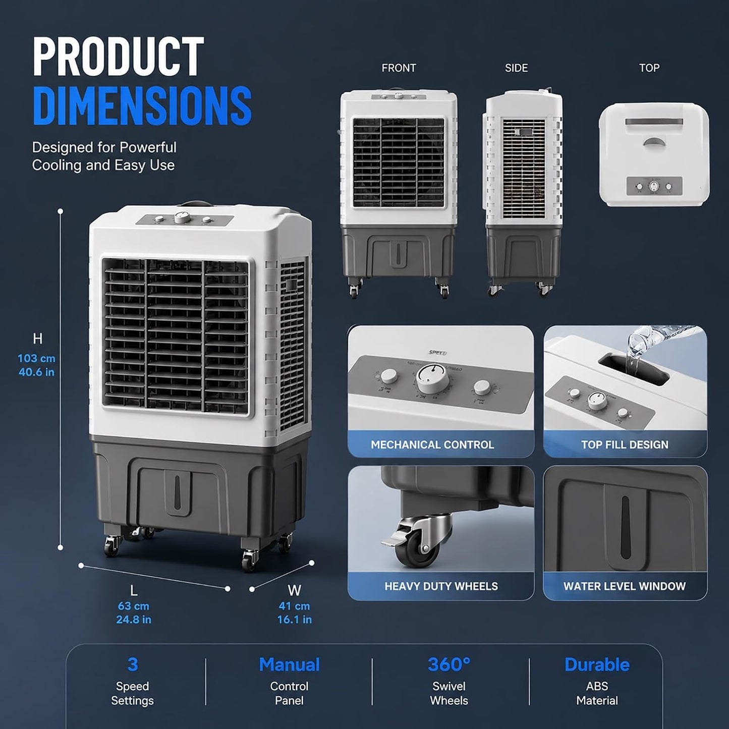  Refroidisseur D’air Évaporatif Portable 55L, Swamp Cooler Avec 3 Vitesses De Refroidissement, Oscillation 120°, 8 Packs De Glace, Climatiseur Pour Chambre Bureau Garage