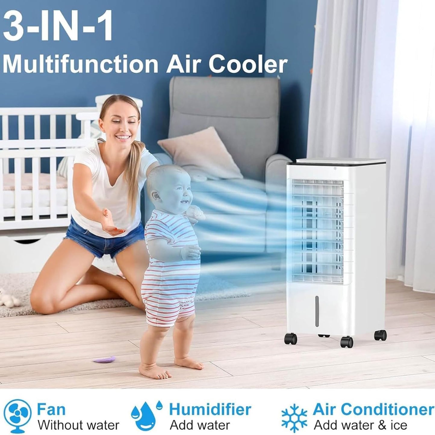GENERIC Climatiseur Portable 3 En 1, Refroidisseur D'air Avec Minuterie De 15 H, Réservoir De 9 L, Télécommande, Ventilateur à 3 Vitesses Pour Chambre Et Bureau