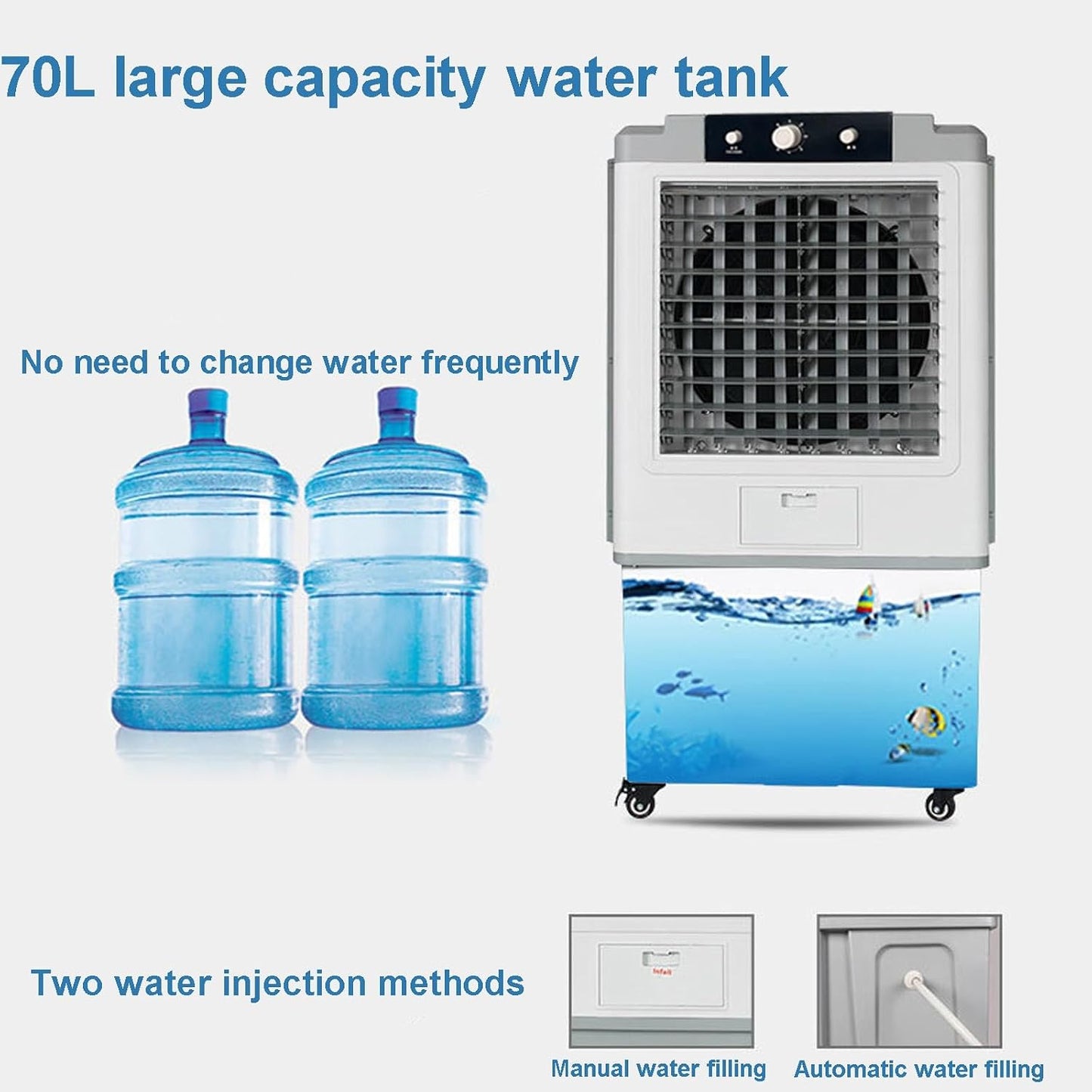  Refroidisseur D'air Par évaporation, Climatiseur Portable – Réservoir D'eau De 70 L Et Minuterie 12 Heures, Installation Facile, Ventilateur Refroidissement 3 En 1 For Garage, Terrasse, Sous-sol