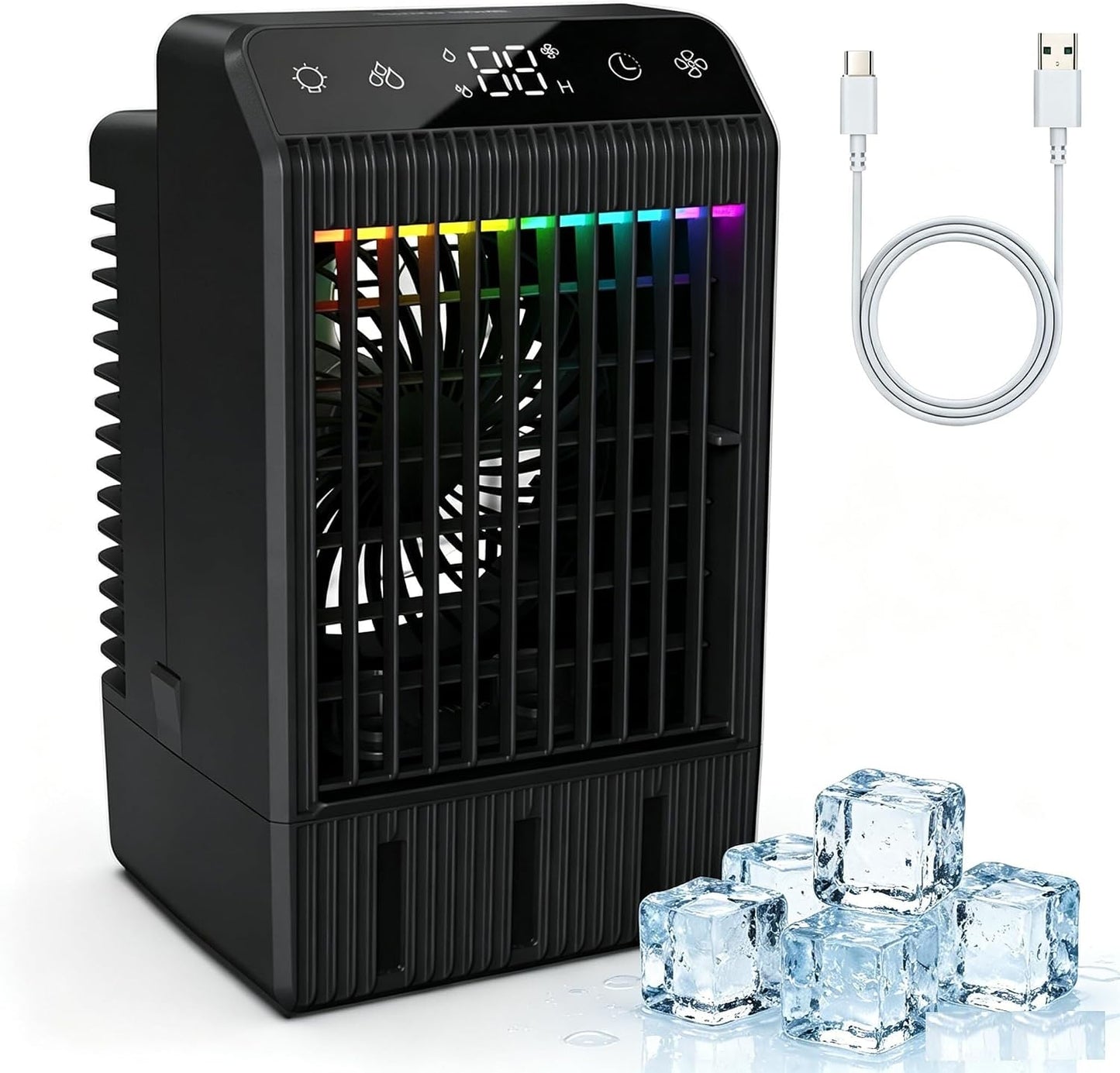  Mini Refroidisseur D'air évaporateur Mobile Avec Réservoir D'eau De 1000 Ml Et 2 Buses De Pulvérisation, 4 Niveaux De Ventilateur Et Minuterie (2 à 12 Heures), éclairage RVB Silencieux (7 Couleurs
