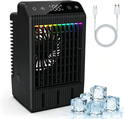  Mini Refroidisseur D'air évaporateur Mobile Avec Réservoir D'eau De 1000 Ml Et 2 Buses De Pulvérisation, 4 Niveaux De Ventilateur Et Minuterie (2 à 12 Heures), éclairage RVB Silencieux (7 Couleurs