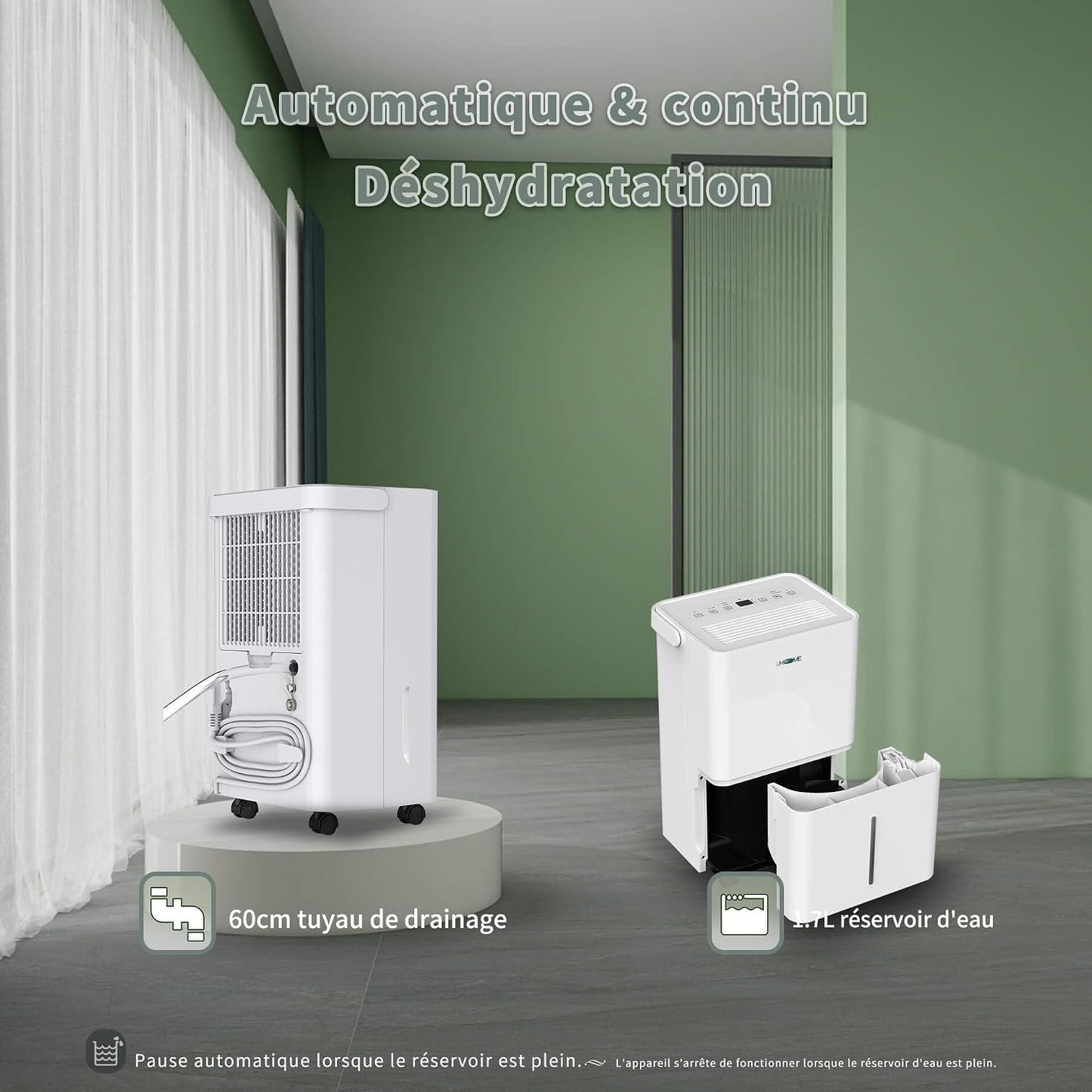  Uhome Déshumidificateur électrique, 12 L/24 H, Déshumidificateur D'ambiance 54 M³/18 M², Avec Arrêt Automatique, Capteur D'humidité, Mode Lavage Et Filtre à Charbon Actif, Tuyau D'arrosage