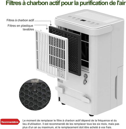  Uhome Déshumidificateur électrique, 12 L/24 H, Déshumidificateur D'ambiance 54 M³/18 M², Avec Arrêt Automatique, Capteur D'humidité, Mode Lavage Et Filtre à Charbon Actif, Tuyau D'arrosage