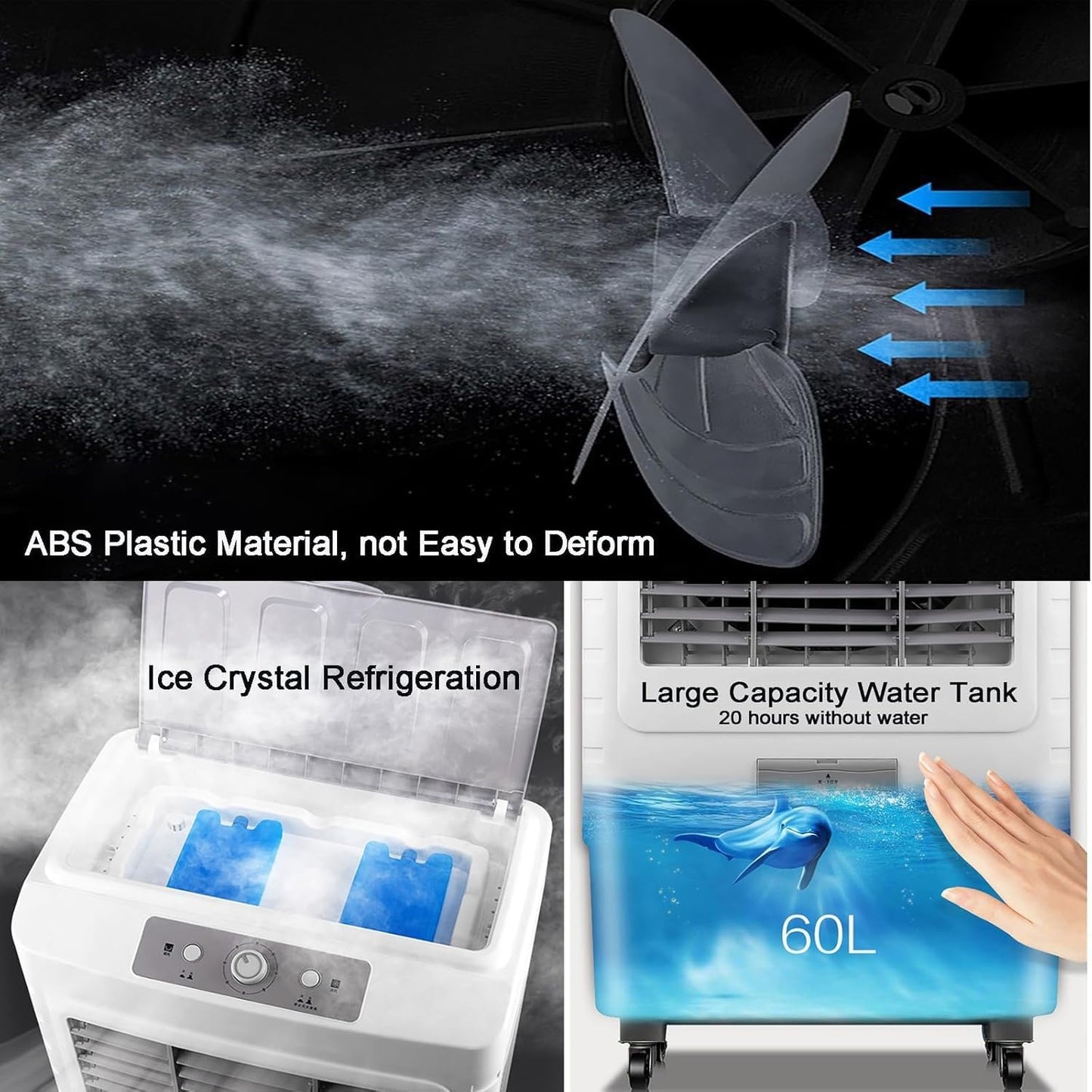 GENERIC Refroidisseur D'air Portable, Climatiseur Par évaporation 3 En 1, Léger, Faible Bruit, Persiennes Oscillantes, 3 Vitesses Du Vent, Grande Capacité Pour L'intérieur Et L'extérieur