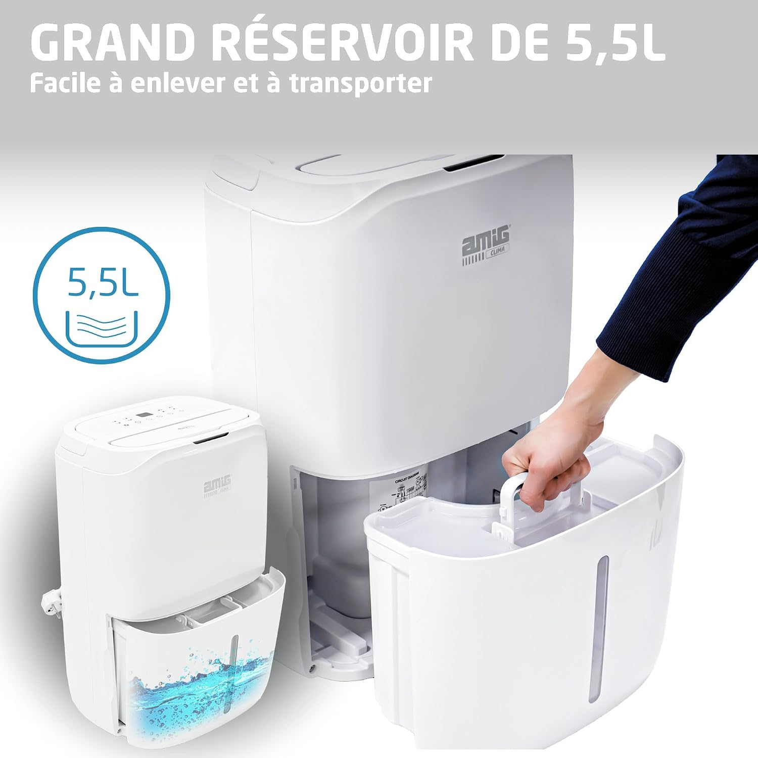  Amig – Déshumidificateur MIST - Capacité 20L/Jour - Régulation De L'humidité Et Minuterie - Réservoir D'eau Amovible 5,5L - 36x28x56 Cm - 270W - Couverture 160m³/h - Silencieux 42 DB - Séchage Linge