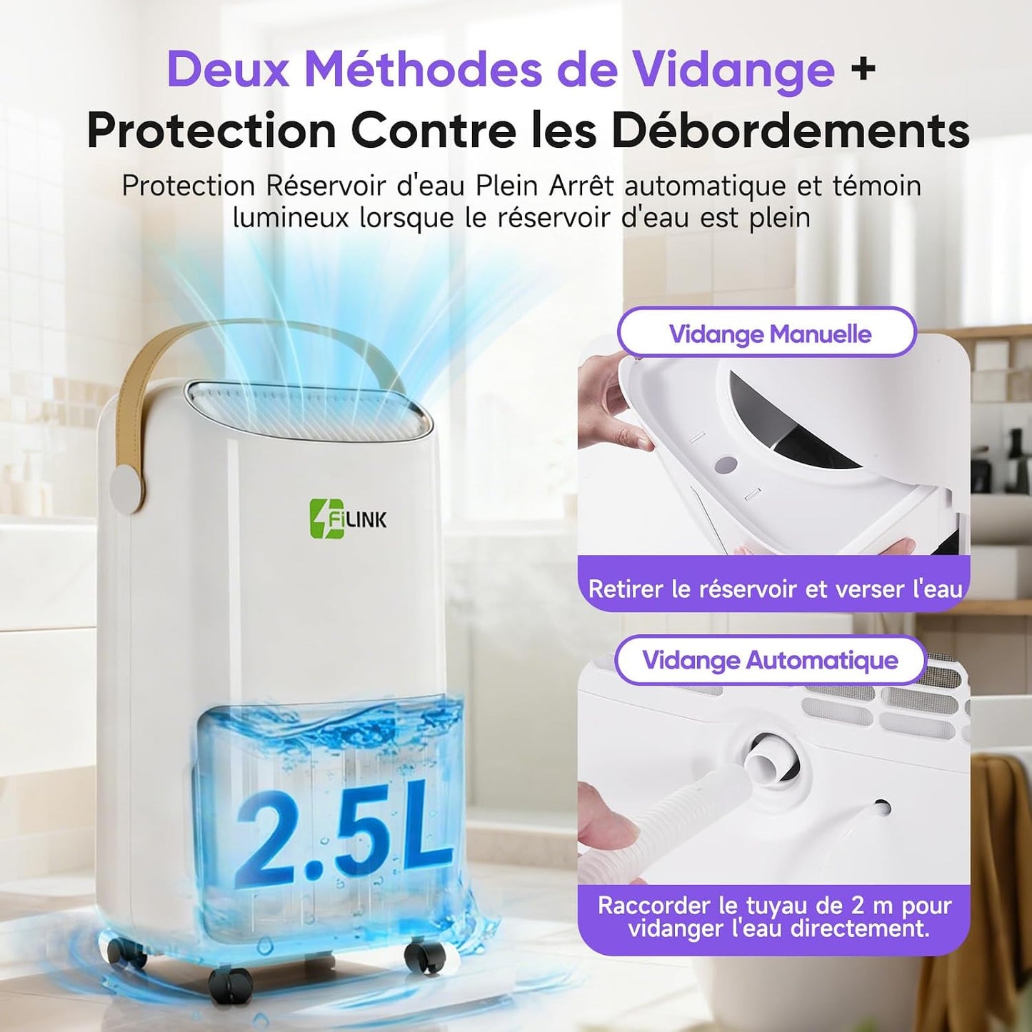  Deshumidificateur D Air 16L/Jour, Déshumidificateur Electrique, Minuterie 24H, Verrouillage Pour Enfants, Protection Anti Débordement, 110m³ (45m²), Pour Maison, Appartement, Salle De Bain, Cave