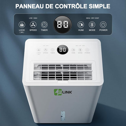  Deshumidificateur D Air 9L/Jour, Déshumidificateur Electrique, Minuterie 24H, Verrouillage Pour Enfants, Protection Anti Débordement, 60m³(25m²), Pour Maison, Appartement, Salle De Bain, Chambre, Cave