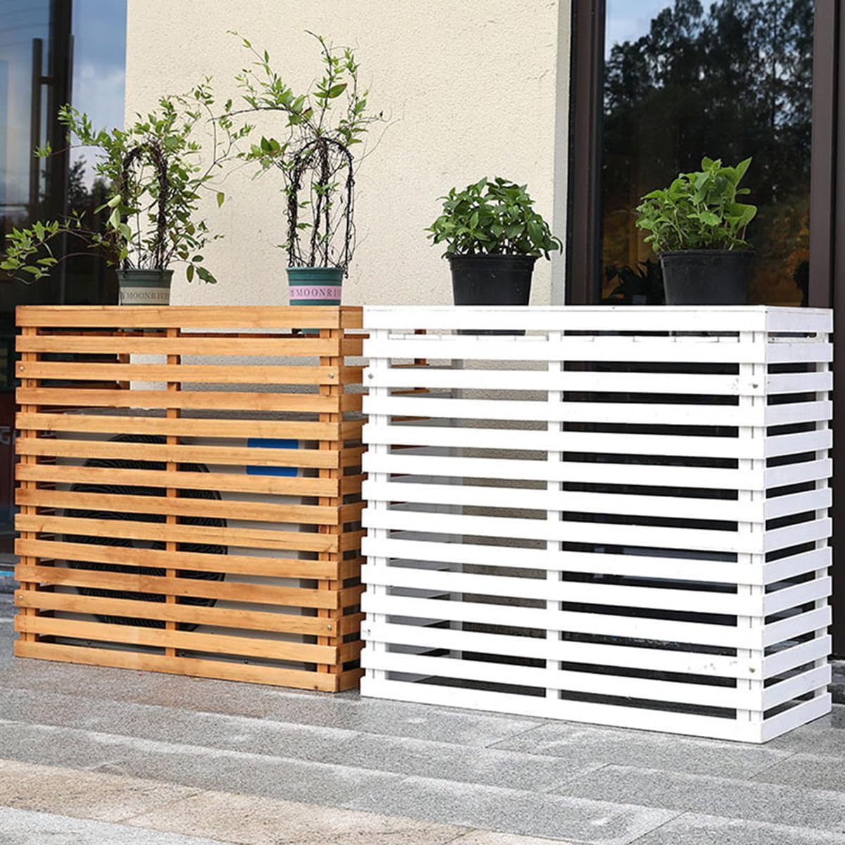 GENERIC Housse De Protection Pour Climatiseur D'extérieur En Bois Massif Avec Persiennes Et Support De Fleurs, Résistante Aux Intempéries, 85 X 35 X 80 Cm, Parfaite Pour La Décoration De Terrasse Et De Jardin