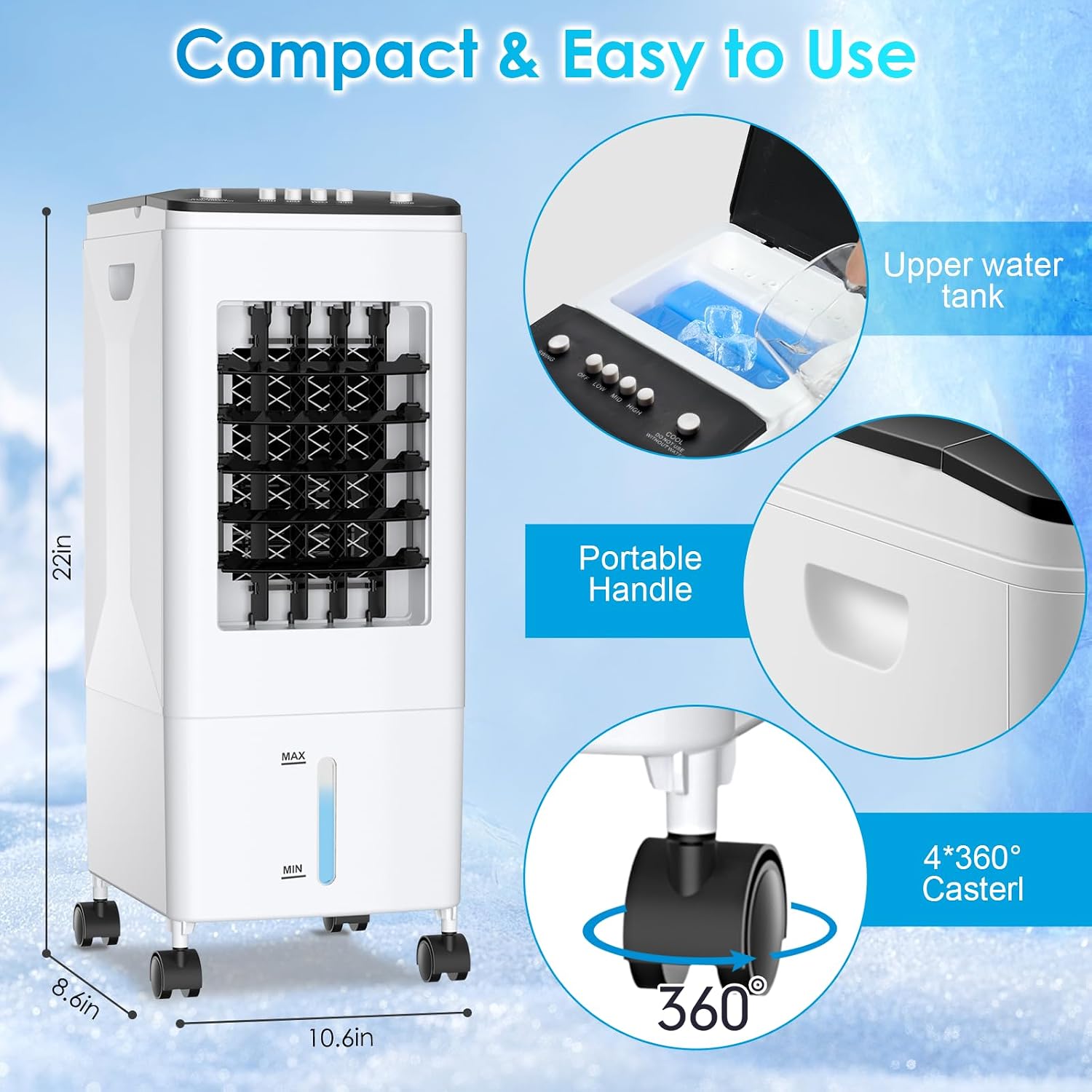  Ventilateur Rafraîchisseur D'air Portable 3 En 1 Avec Refroidissement Par évaporation, Réservoir De 6 L Et Blocs Réfrigérants Inclus. Silencieux (35 DB), Oscillation à 60°. Idéal Pour La Maison, Le