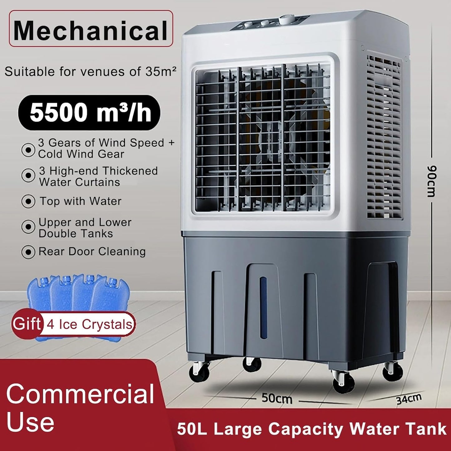  Refroidisseur D'air évaporatif Commercial, Humidificateur Industriel, Climatiseur 3 En 1 200 W, Grand Réservoir D'eau De 50 L, Rafraîchisseur D'air Pour La Maison, Jusqu'à 50 M²