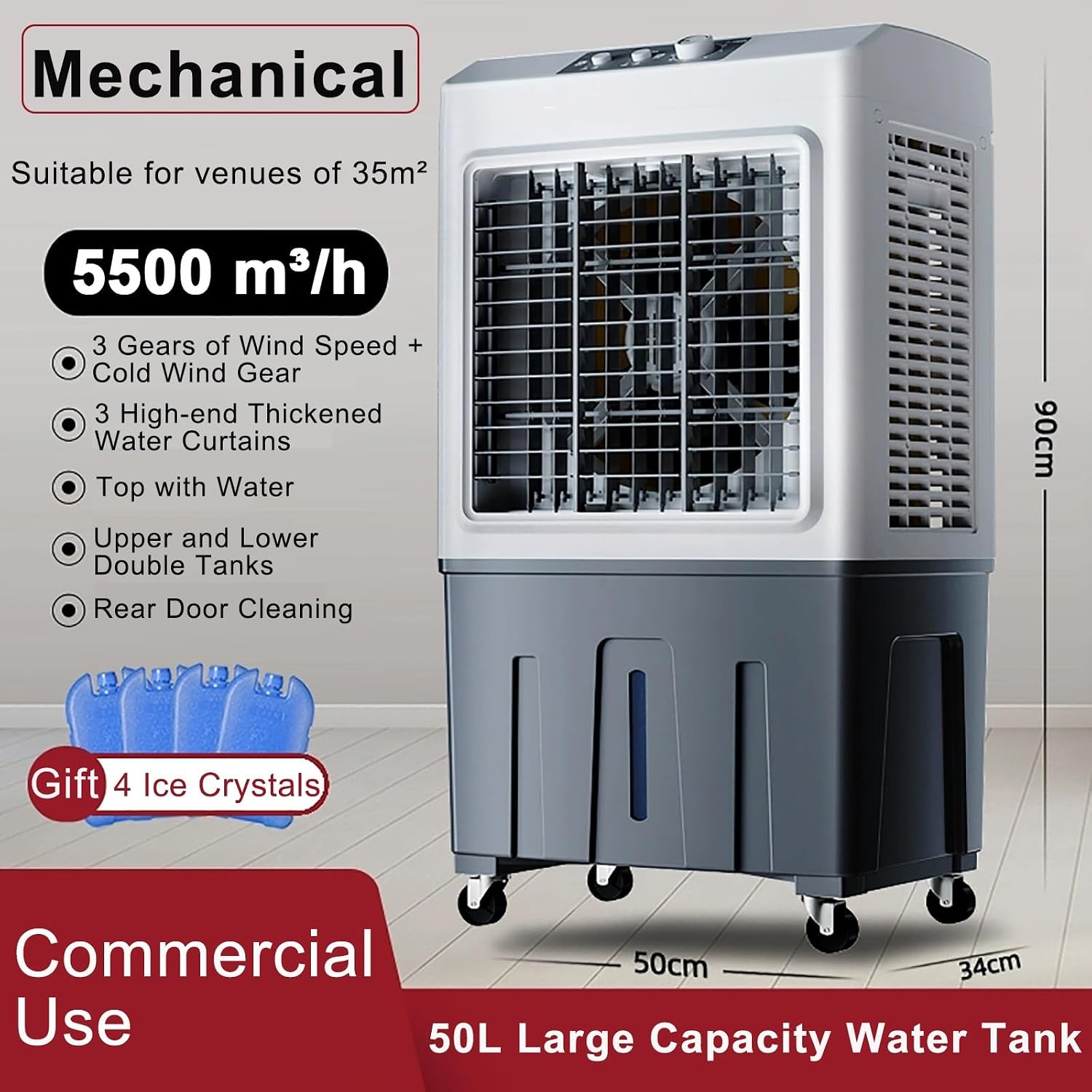  Refroidisseur D'air évaporatif Commercial, Humidificateur Industriel, Climatiseur 3 En 1 200 W, Grand Réservoir D'eau De 50 L, Rafraîchisseur D'air Pour La Maison, Jusqu'à 50 M²
