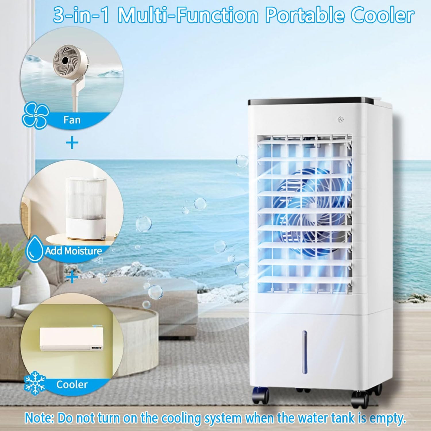 GENERIC Climatiseur Portable, Rafraîchisseur D'air évaporatif Avec Réservoir 9L, Oscillation 90°, 4 Blocs De Glace, 3 Modes, 3 Vitesses, Télécommande, Minuterie 15H, Ventilateur Pour Chambre, Bureau