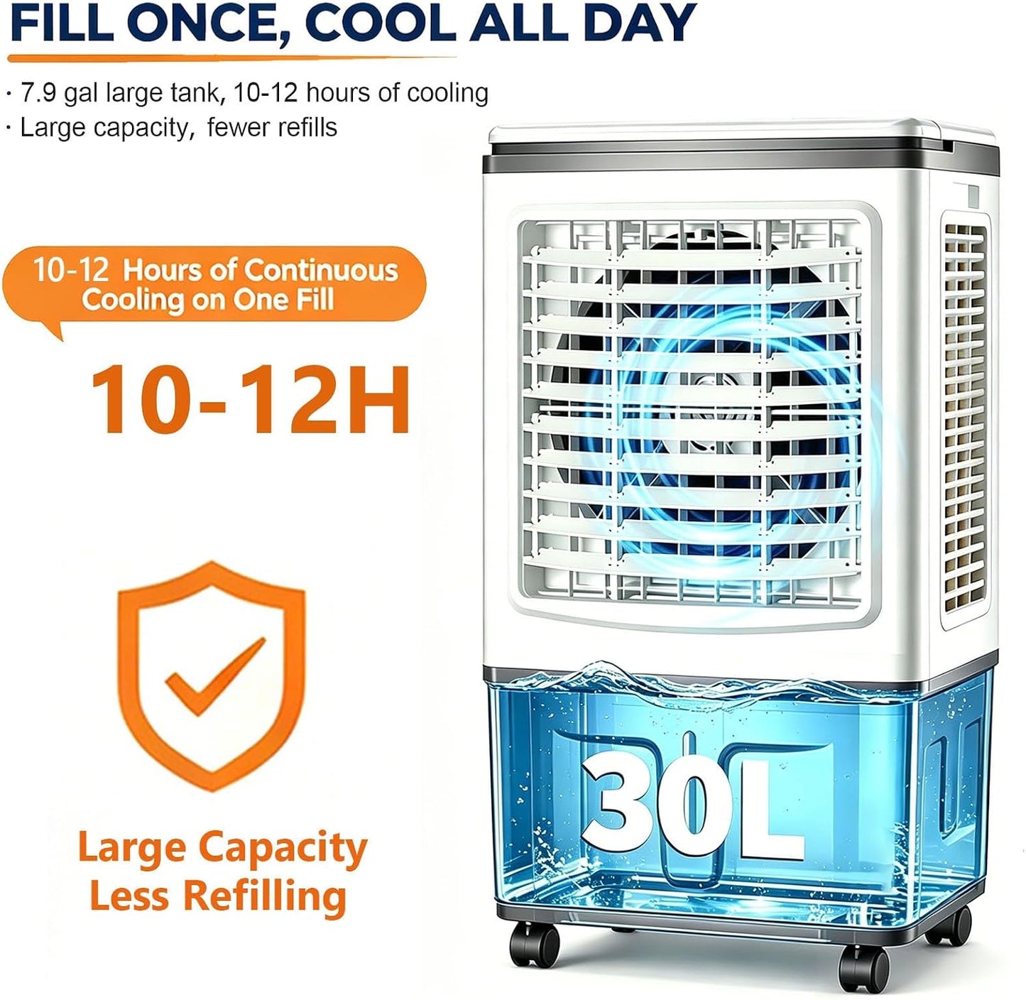 GENERIC Ventilateur Refroidisseur D'air Portable Avec Réservoir De 30 L Et Blocs De Glace, Coussin à 3 Côtés, Balançoire à 120°, Roues à 360°, 3 Vitesses, For Chambre, Atelier Et Terrasse