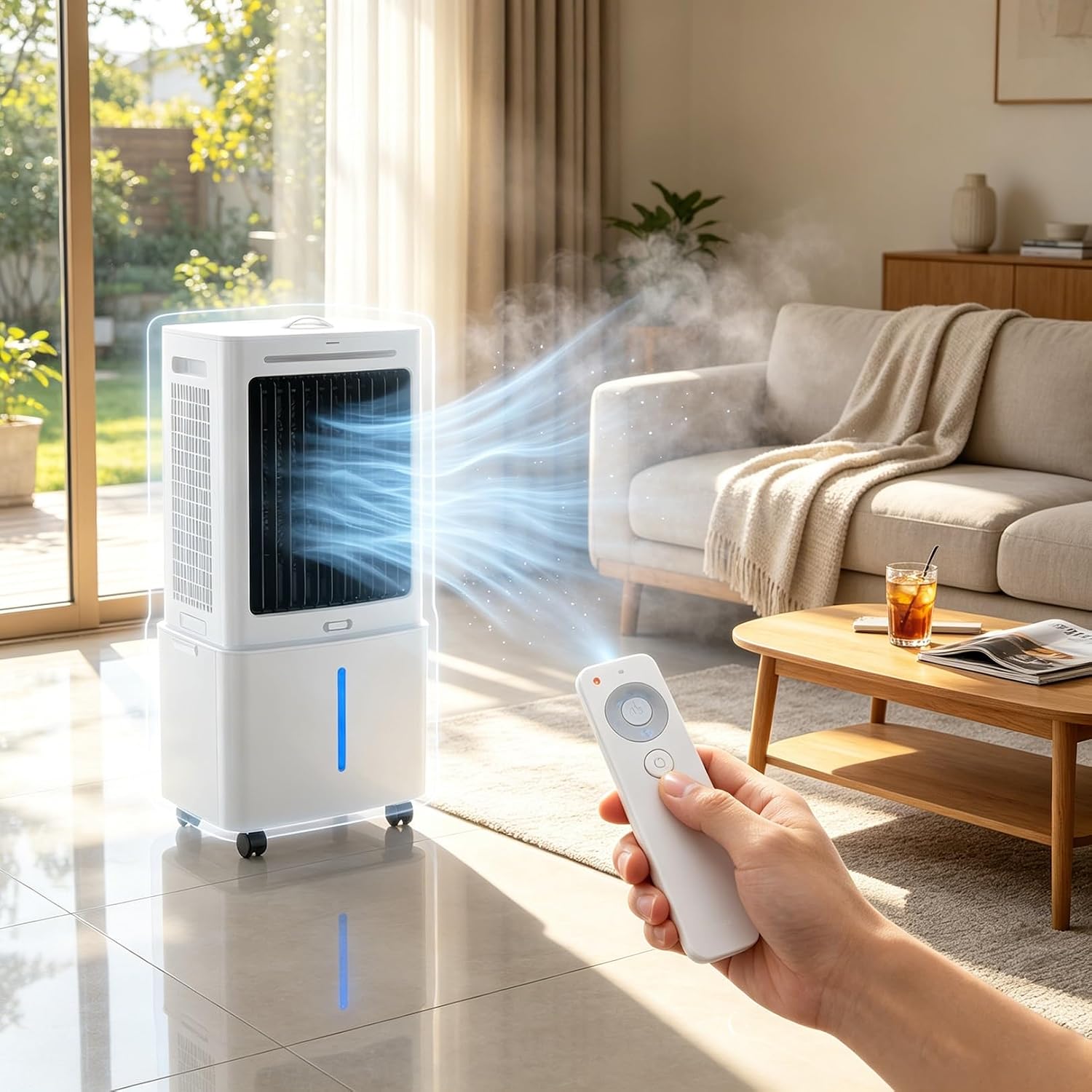  Ventilateur Refroidisseur D'air Par évaporation 3 En 1, Réservoir 25 L 9-12 H, Rotation Gauche-droite 120°, Roues 360°, 3 Réglages De Vitesse, Rideau D'eau, Sans Fenêtre, 80 W, For Garage Et Atelier