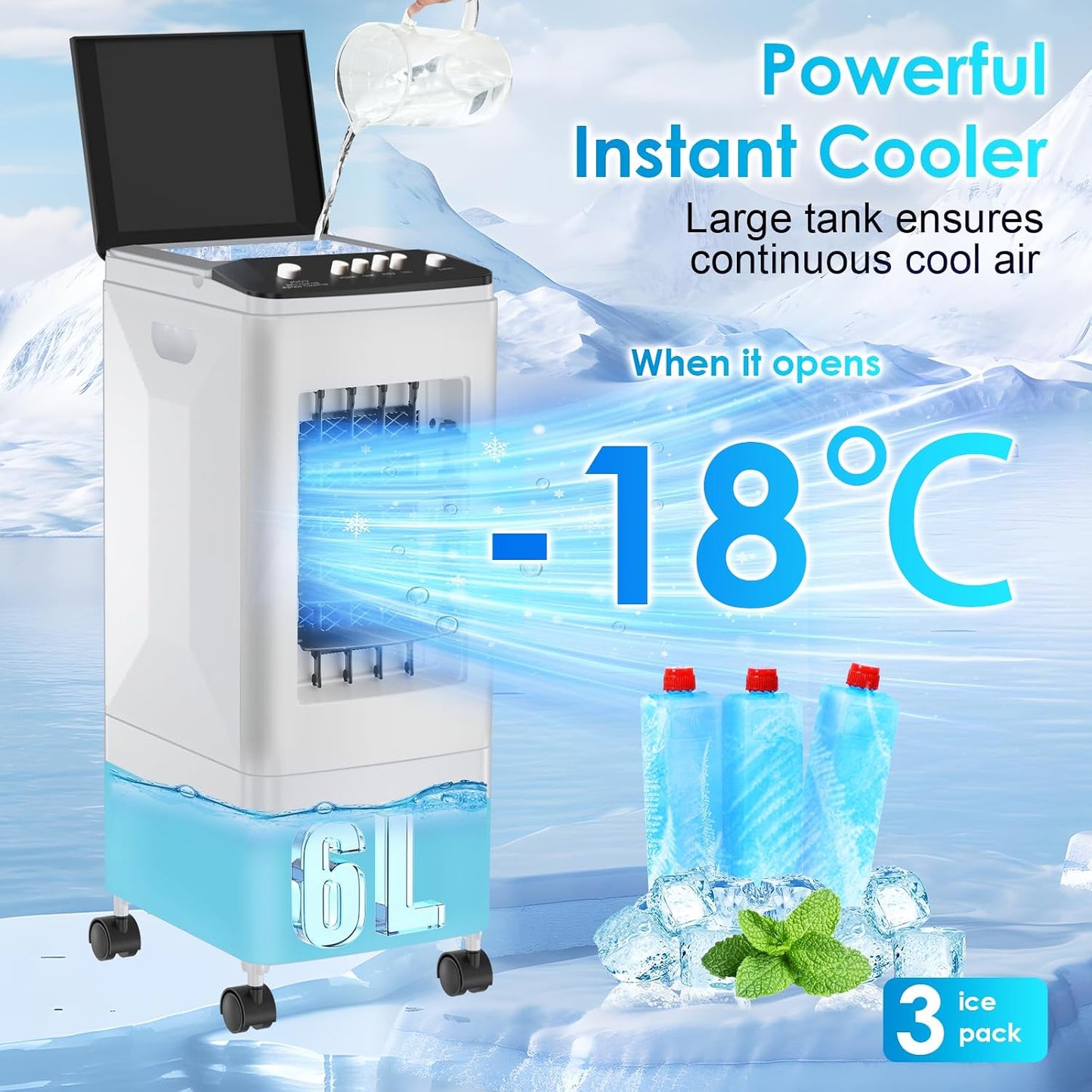  Ventilateur Rafraîchisseur D'air Portable 3 En 1 Avec Refroidissement Par évaporation, Réservoir De 6 L Et Blocs Réfrigérants Inclus. Silencieux (35 DB), Oscillation à 60°. Idéal Pour La Maison, Le
