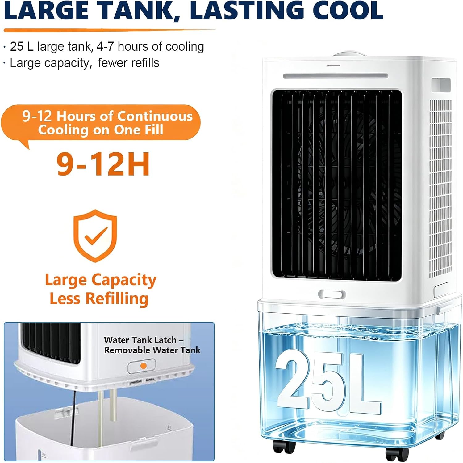  Ventilateur Refroidisseur D'air Par évaporation 3 En 1, Réservoir 25 L 9-12 H, Rotation Gauche-droite 120°, Roues 360°, 3 Réglages De Vitesse, Rideau D'eau, Sans Fenêtre, 80 W, For Garage Et Atelier