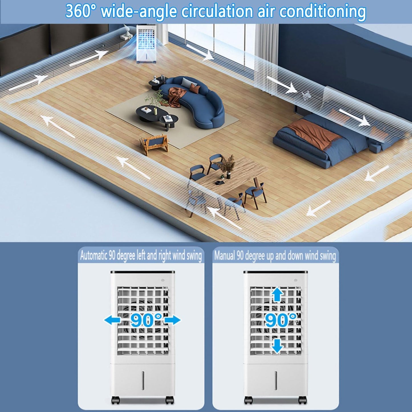 GENERIC Refroidisseur D'air Par évaporation Avec Réservoir D'eau De 9 L, Oscillation à 90°, 4 Glacières, 3 Modes Et Vitesses, Télécommande, Minuterie 15 H Pour Chambre, Bureau