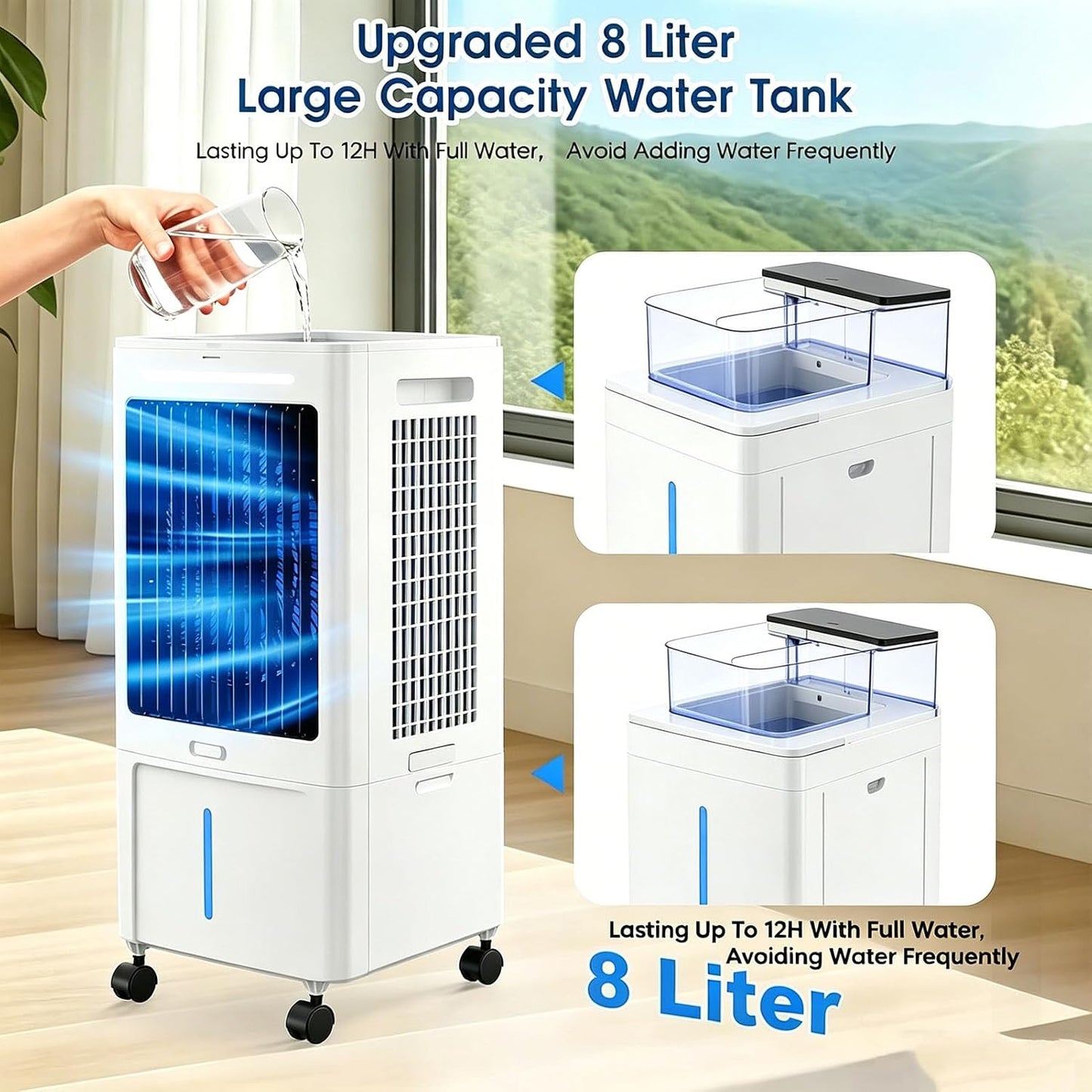  Climatiseur Mobile 25L, Refroidisseur D'Air Évaporatif Avec Télécommande, 3 Vitesses Et 3 Modes, Minuterie 12H, 2 Boîtes Des Glacières, Climatisation Portable Pour Maison Bureau Chambre Cuisine