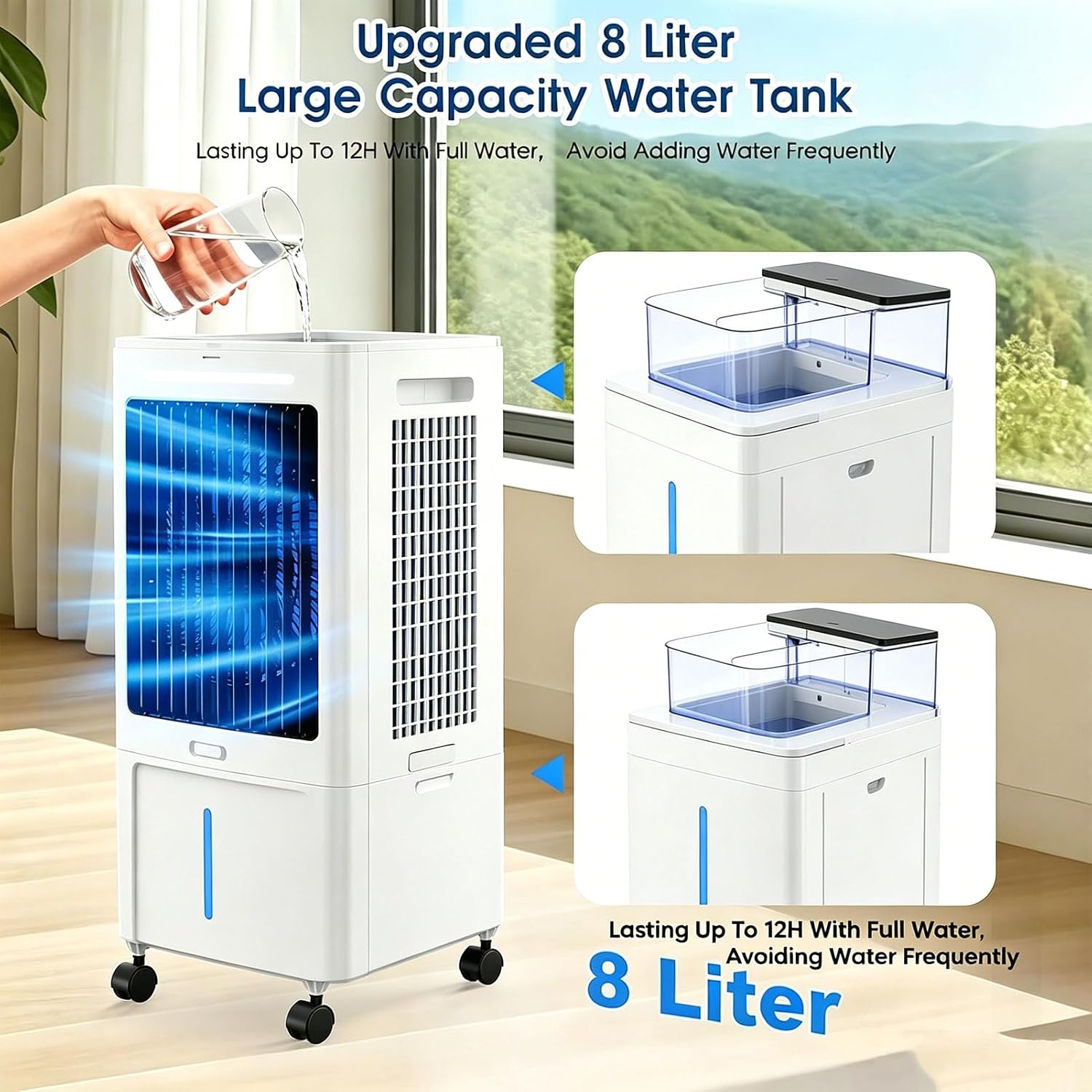  Climatiseur Mobile 25L, Refroidisseur D'Air Évaporatif Avec Télécommande, 3 Vitesses Et 3 Modes, Minuterie 12H, 2 Boîtes Des Glacières, Climatisation Portable Pour Maison Bureau Chambre Cuisine