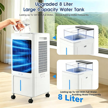  Climatiseur Mobile 25L, Refroidisseur D'Air Évaporatif Avec Télécommande, 3 Vitesses Et 3 Modes, Minuterie 12H, 2 Boîtes Des Glacières, Climatisation Portable Pour Maison Bureau Chambre Cuisine