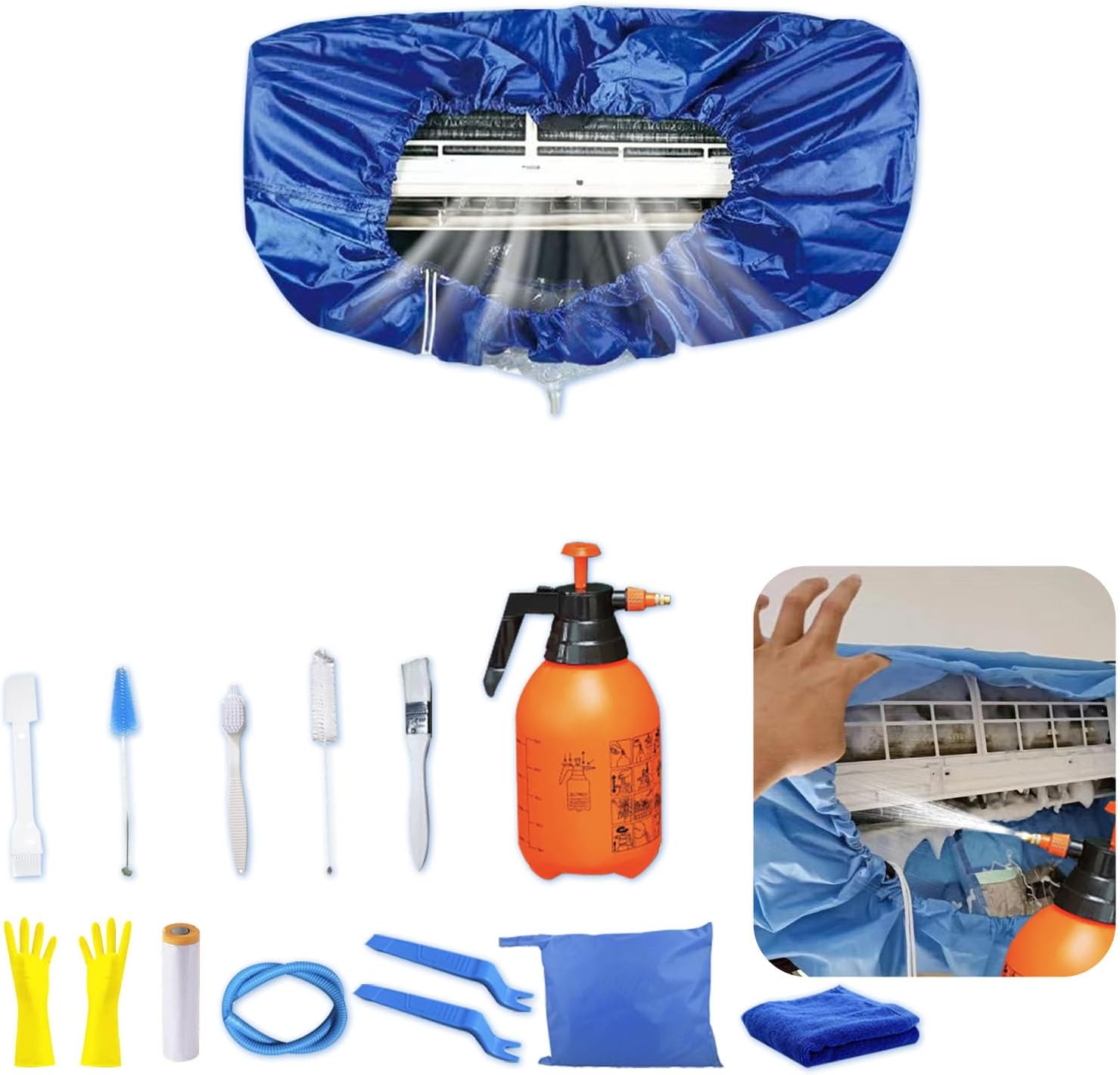  Kit Nettoyage Climatiseur Mural，Kit Nettoyage Climatisation Split，Nettoyage Climatisation Split，Bâche Nettoyage Clim(15 Pièces, Noir, Grande Taille : 94-132 Cm/37,4-51,18 Pouces)