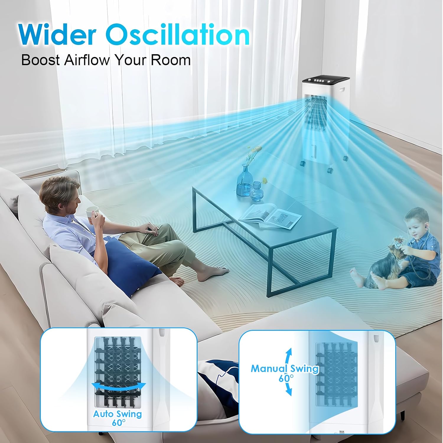  Ventilateur Rafraîchisseur D'air Portable 3 En 1 Avec Refroidissement Par évaporation, Réservoir De 6 L Et Blocs Réfrigérants Inclus. Silencieux (35 DB), Oscillation à 60°. Idéal Pour La Maison, Le