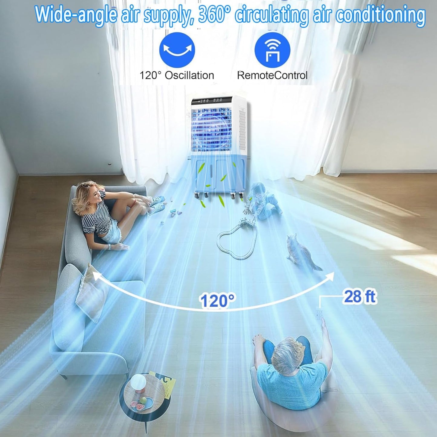 GENERIC Climatiseur Portable Sans Fenêtre Avec 3 Vitesses, Grand Réservoir D'eau, Oscillant à 120 °, Ventilateur De Refroidissement Industriel à Faible Bruit Pour Intérieur Et Extérieur