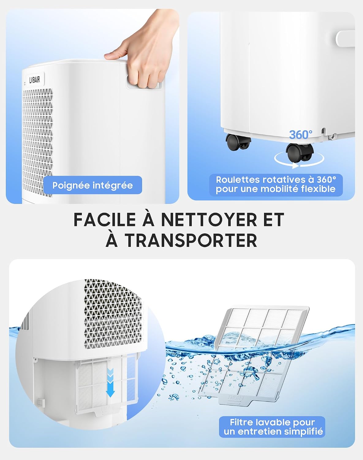  Déshumidificateur 12L/jour - Déshumidificateur électrique Puissant, économe En énergie, Portable, 3 Modes Et Contrôle Intelligent De L'humidité, Déshumidificateur électrique