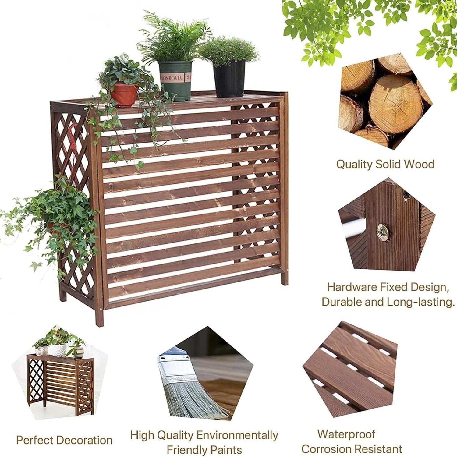  Housse De Protection En Bois Massif Pour Climatisation – Clôture Extérieure Et Poubelle – Support De Présentation Pour Plantes De Jardin – Grille De Protection Pour Climatiseur Et Pompe à Chaleur