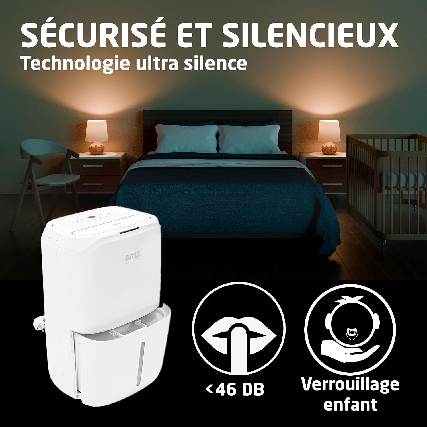  Amig – Déshumidificateur MIST - Capacité 25L/Jour - Régulation De L'humidité Et Minuterie - Réservoir D'eau Amovible 5,5L - 36x28x56 Cm - 370W - Couverture 170m³/h - Silencieux 46 DB - Séchage Linge