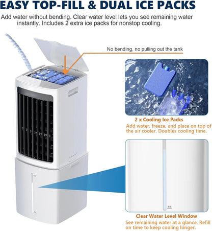  Ventilateur Refroidisseur D'air Par évaporation 3 En 1, Réservoir 25 L 9-12 H, Rotation Gauche-droite 120°, Roues 360°, 3 Réglages De Vitesse, Rideau D'eau, Sans Fenêtre, 80 W, For Garage Et Atelier