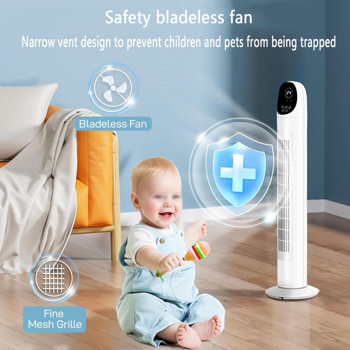 GENERIC Ventilateur De Refroidissement Tour Pour Chambre à Coucher, Ventilateur De Sol Sans Pales Avec 3 Modes, 3 Vitesses Et Affichage Numérique, Refroidisseur D'air Avec Oscillation à 80 °, Minuterie De 7,5