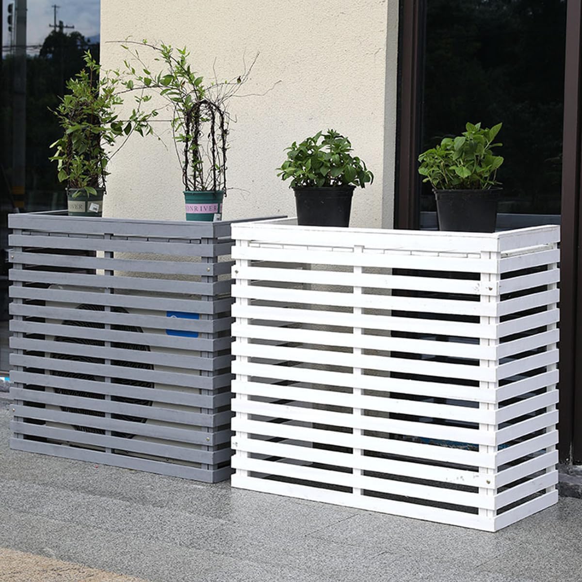 GENERIC Housse De Protection Pour Climatiseur D'extérieur En Bois Massif Avec Persiennes Et Support De Fleurs, 105 X 45 X 95 Cm, Protection Contre Les Intempéries Pour Unités De Climatisation