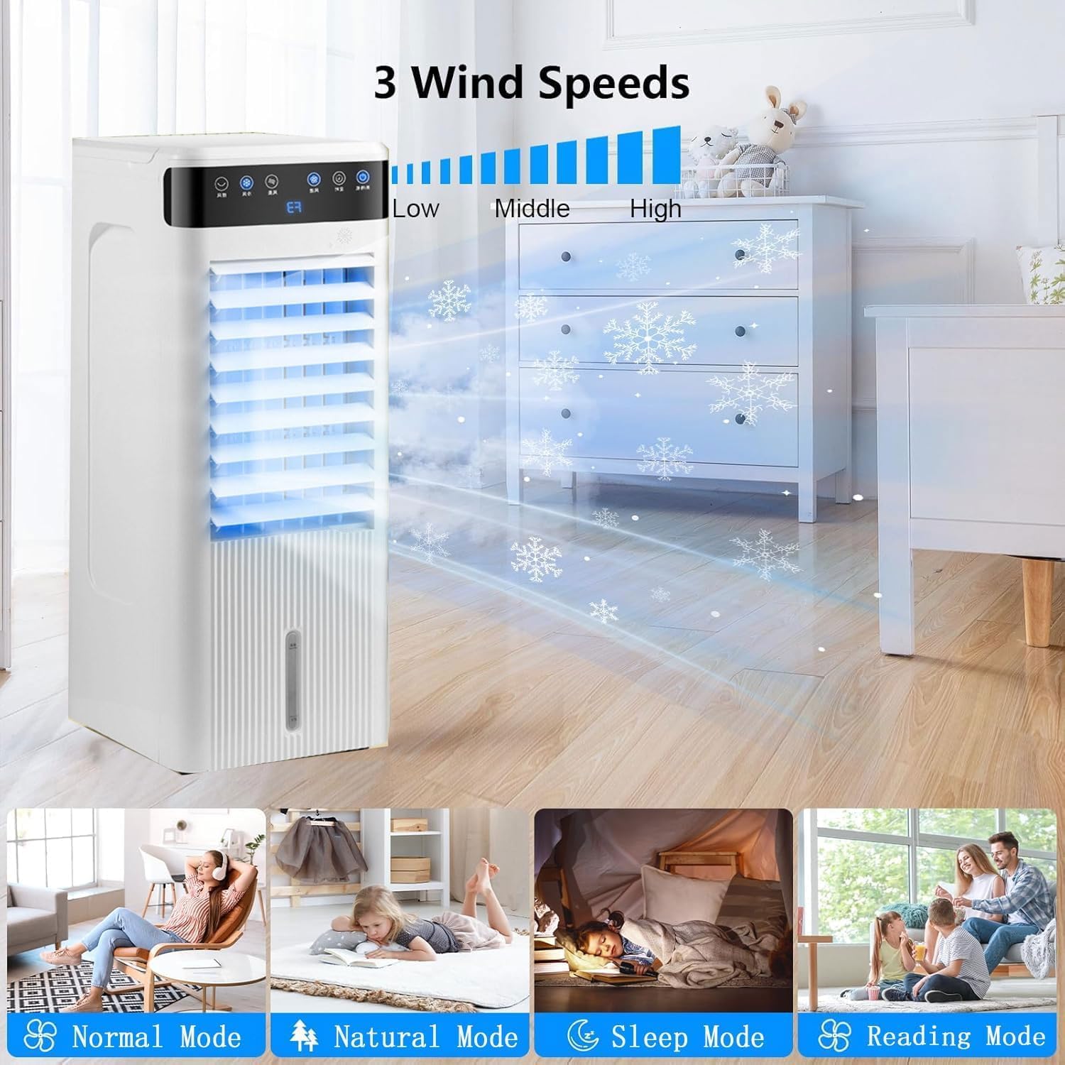 GENERIC Ventilateur De Sol Mobile Refroidi à L'eau, Climatiseur Oscillant Silencieux Avec 3 Vitesses De Vent Et Réservoir D'eau De 4 L Pour La Maison Et Le Bureau