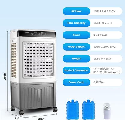 GENERIC Refroidisseur D'air Par évaporation, 3 100 CFM Avec 3 Modes, Vitesses Du Vent, Oscillation à 120°, Minuterie De 0 à 7,5 H, AC Portable Pour Terrasse, Garage, Utilisation Commerciale