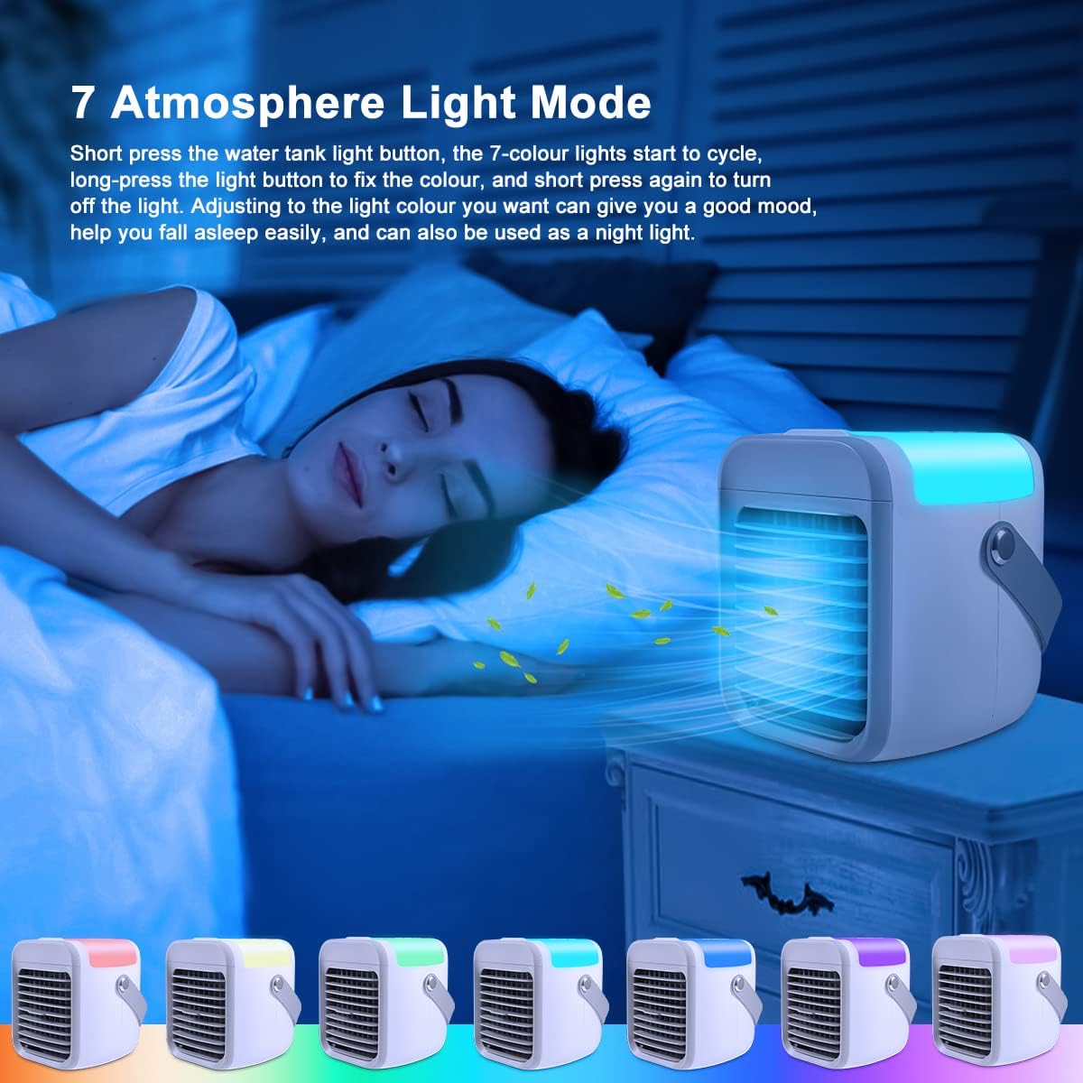  Climatiseur Portable, Refroidisseur D'air Pour La Maison, Mini Climatiseur, Refroidisseur De Ventilateur Personnel 3 En 1, 3 Vitesses De Vent Et 7 Lumières LED, Ventilateur Portable