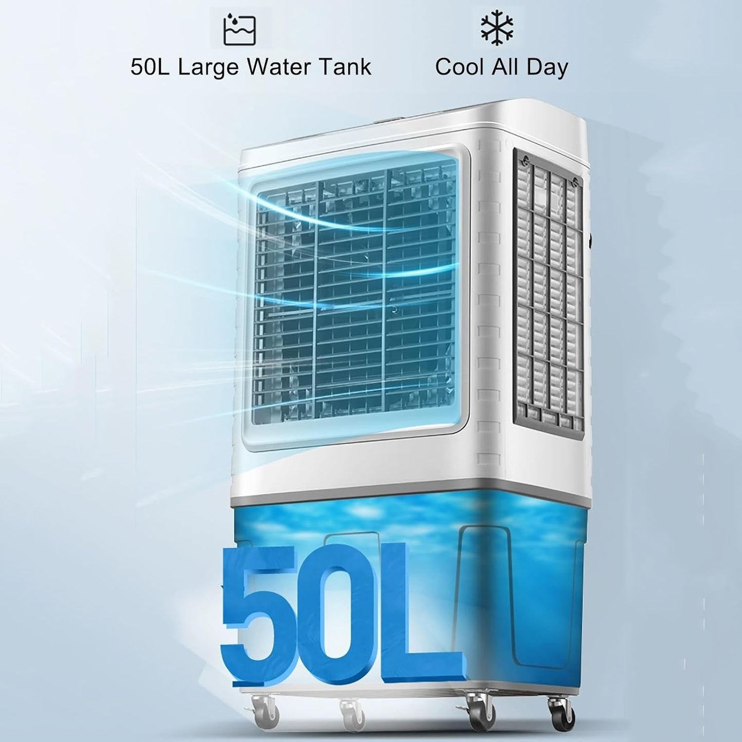  Refroidisseur D'air évaporatif Commercial, Humidificateur Industriel, Climatiseur 3 En 1 200 W, Grand Réservoir D'eau De 50 L, Rafraîchisseur D'air Pour La Maison, Jusqu'à 50 M²