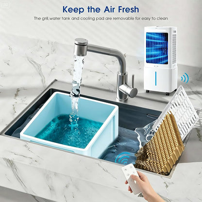  Climatiseur Mobile 25L, Refroidisseur D'Air Évaporatif Avec Télécommande, 3 Vitesses Et 3 Modes, Minuterie 12H, 2 Boîtes Des Glacières, Climatisation Portable Pour Maison Bureau Chambre Cuisine